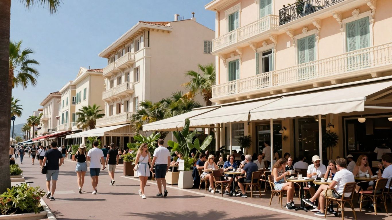 Cannes quiet street near festival, relaxed crowd outdoors