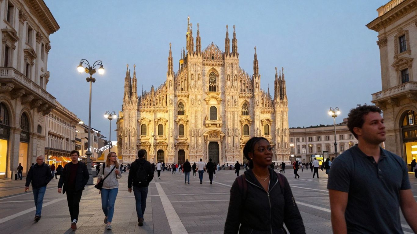Milan Cathedral and pedestrians in Piazza del Duomo at dusk